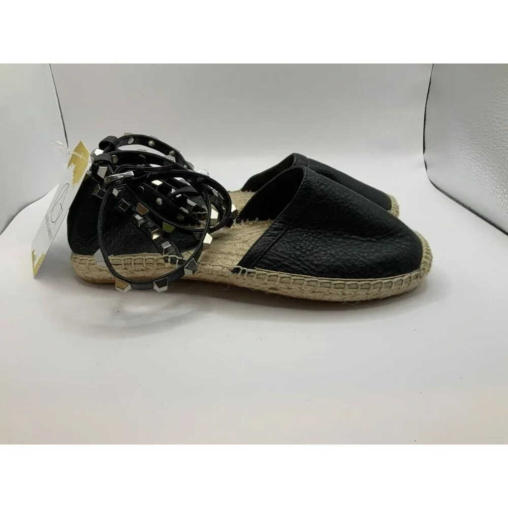 Rebecca Minkoff Black Leather Studded Strap Espadrilles Flats, Size 6